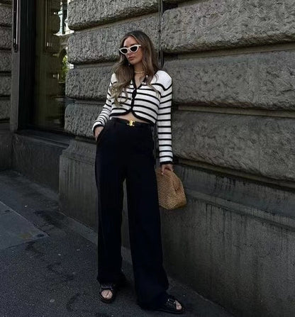 Autumn Winter Round Neck Striped Buckle Arc Sweater Cardigan Coat