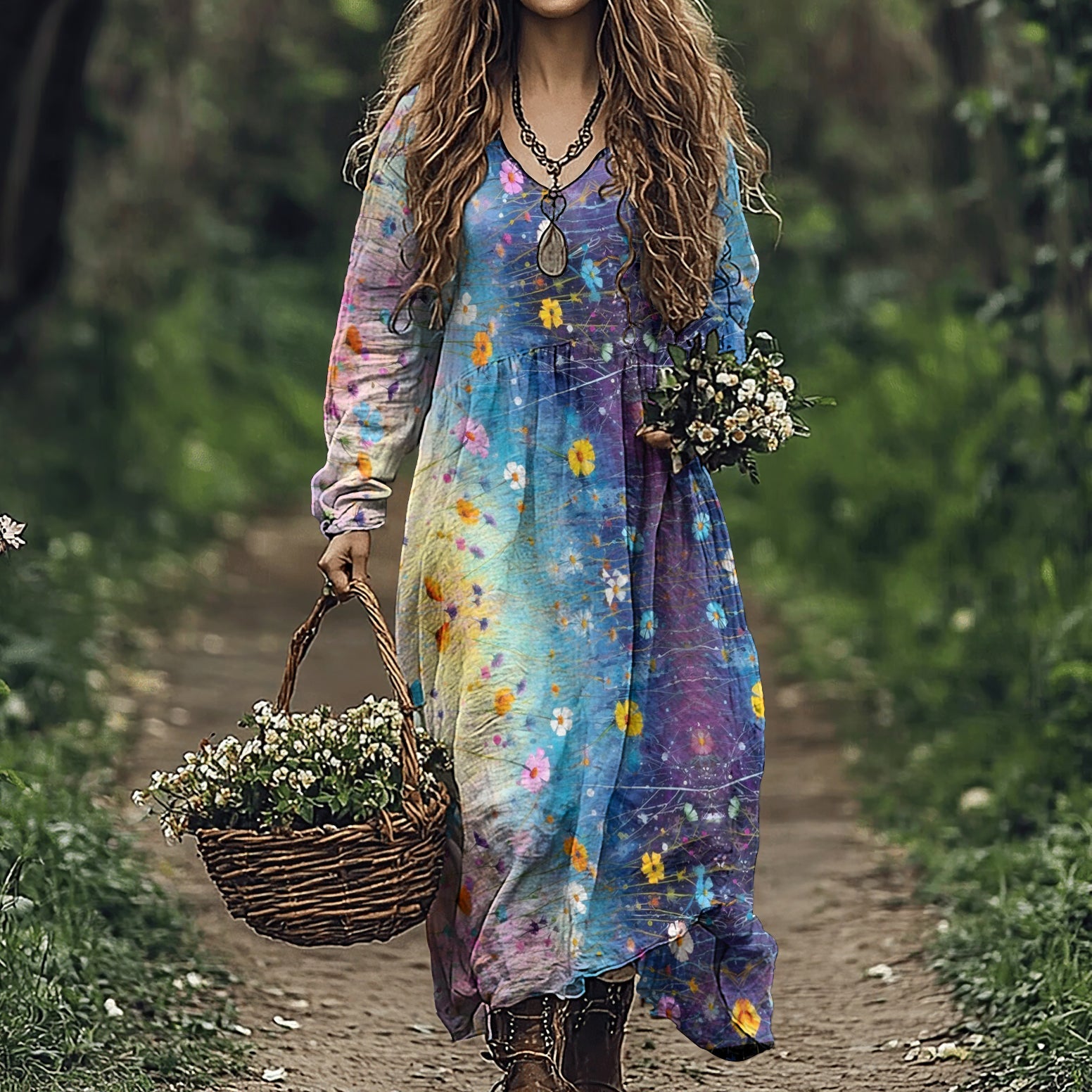 Vintage Gradient Purple Floral Art Women's Linen Dress elevenforest