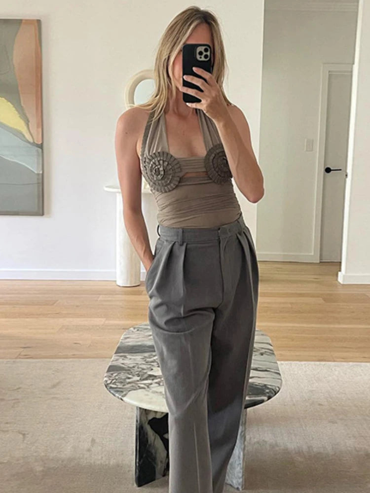 Taruxy Folds Sunflower Tank Top Mesh Bodycon Sleeveless Slim Crop Tops Club Party Backless Bandage Vest Woman