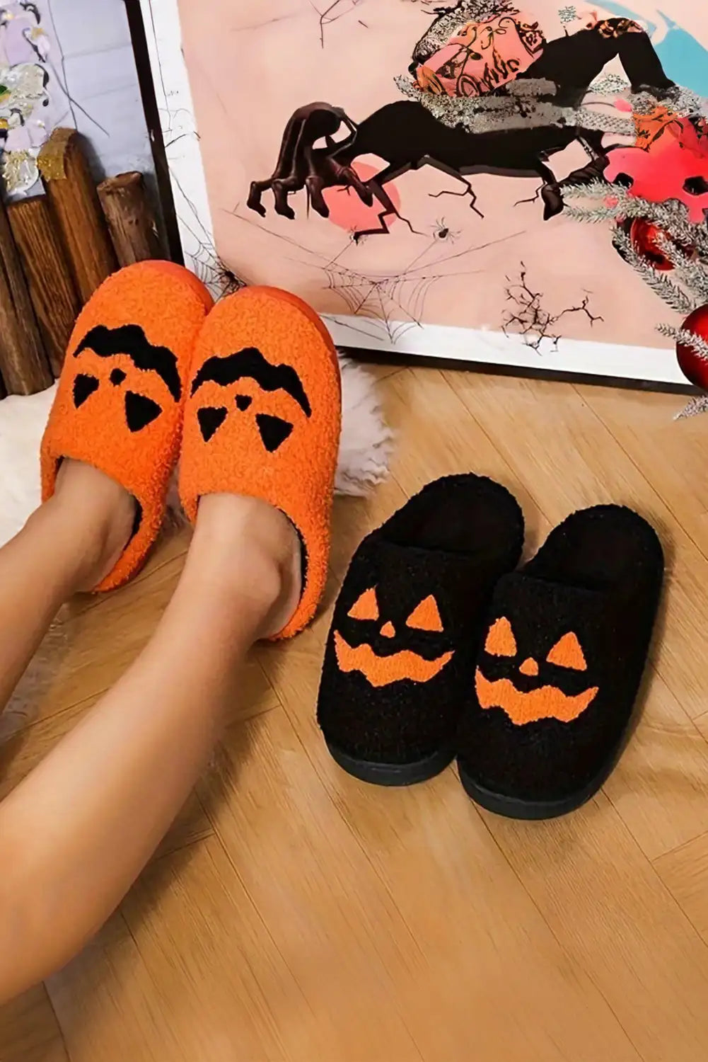 Cozy Black Halloween Pumpkin Plush Slippers