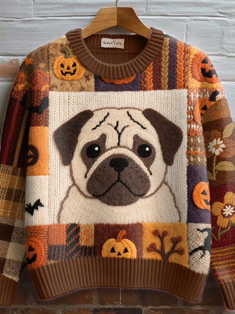 Comstylish Women's Cute Pug Pattern Cozy Knit Sweater