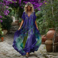 Women's Vintage Lupine Gradient Pattern V-neck Dress elevenforest