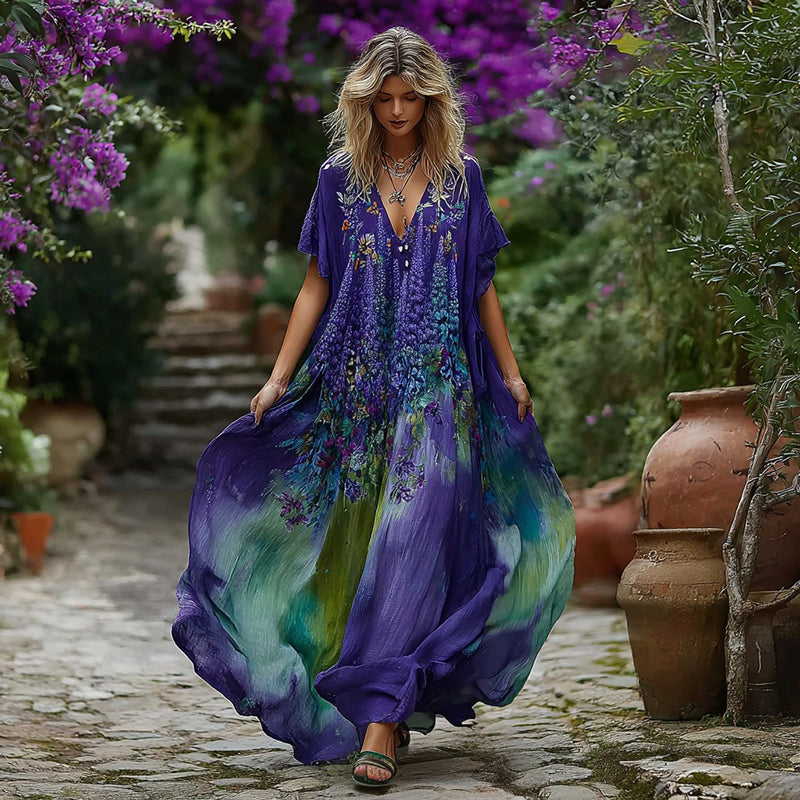 Women's Vintage Lupine Gradient Pattern V-neck Dress elevenforest