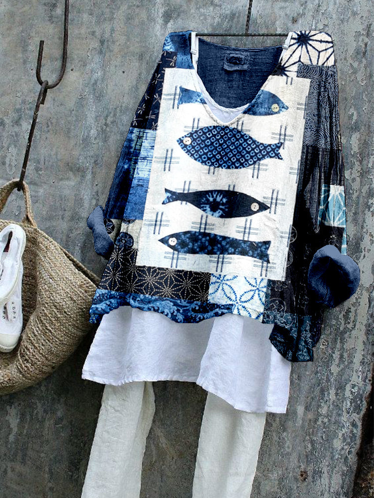 Comstylish Patchwork Japanese Art Pattern Linen Blend Tunic