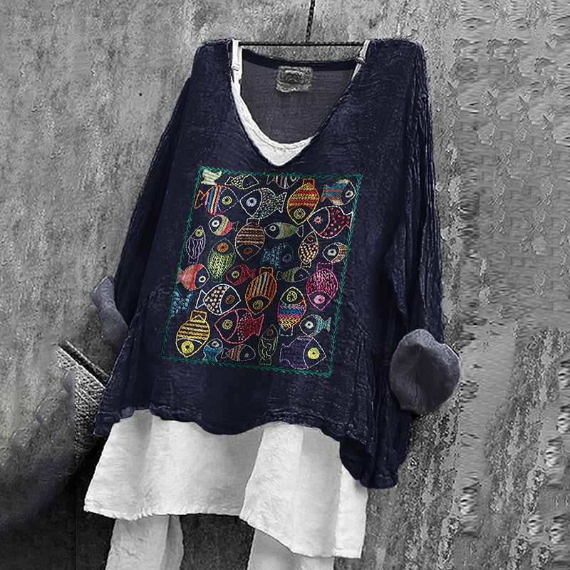 Comstylish Women's Japanese Fish Art Print V-neck Loose Linen T-shirt