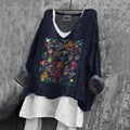 Women's Japanese Fish Art Print V-neck Loose Linen T-shirt elevenforest