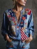 Independence Day Vintage Ethnic Floral Embroidery Women's Linen V-neck Shirt elevenforest