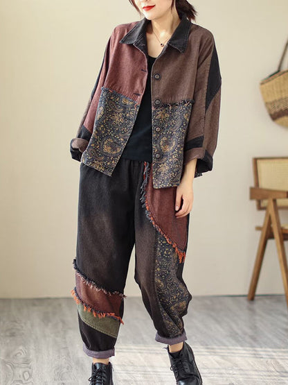 Contrast Color Fringed Split-joint Long Sleeves Printed Outwear + Harem Pants Two Pieces Set
