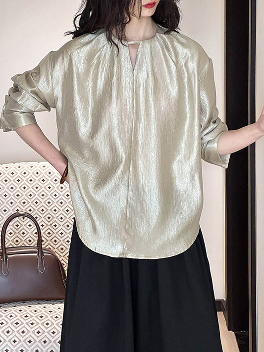 Long Sleeves Loose Hollow Shiny Color Round-neck Blouses&shirts Tops