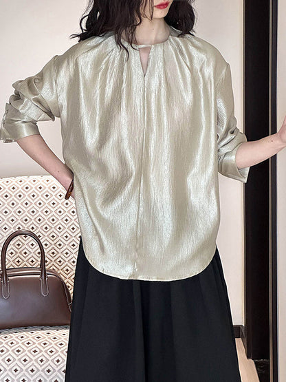 Long Sleeves Loose Hollow Shiny Color Round-neck Blouses&shirts Tops