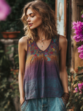 Purple Gradient Plant Floral Print Women's Slip-on Top elevenforest