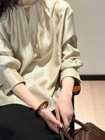 Long Sleeves Loose Hollow Shiny Color Round-neck Blouses&shirts Tops