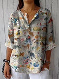 Women's Cute Dog Print Casual Cotton Linen Shirt