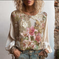 Bohème Lily Plant Printed Cotton Linen Round Neck Long Sleeve Top elevenforest