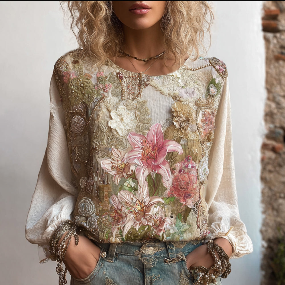 Bohème Lily Plant Printed Cotton Linen Round Neck Long Sleeve Top elevenforest