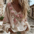 Women's Vintage Roses Embroidery Art V-neck Long Sleeve Linen Blend T-shirt elevenforest