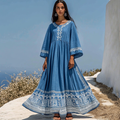 Vintage Classic Greek Key Round Neck Linen Blend Maxi Dress elevenforest