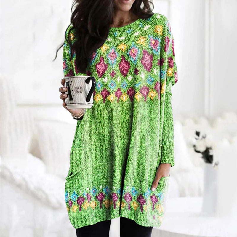 Fairman Island Geometric Contrast Pocket Mid Length Sweater elevenforest