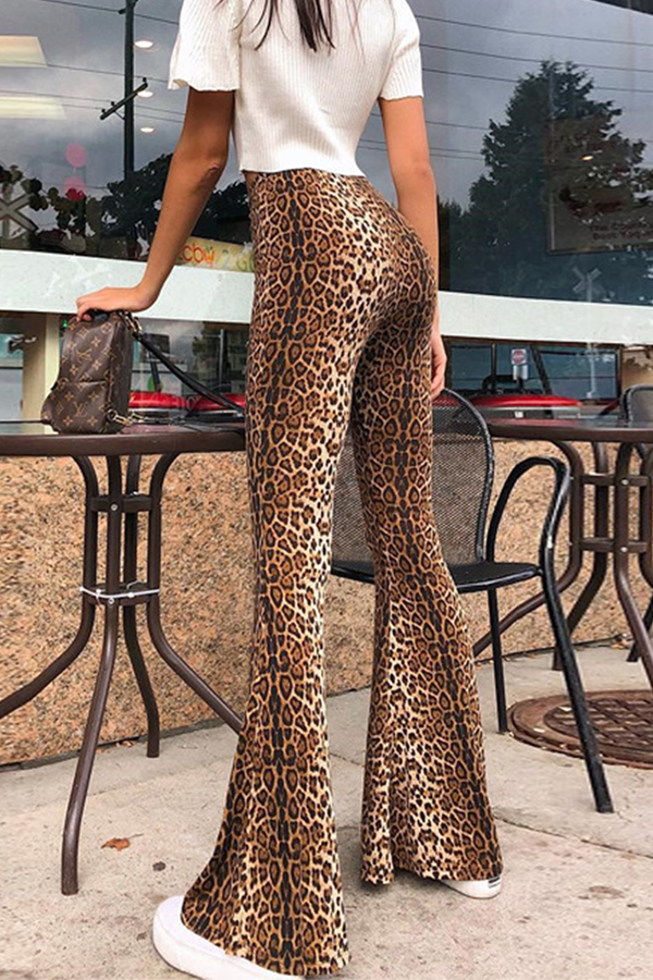 Street Animal Print Leopard Patchwork Basic Boot Cut High Waist Full Print Bottoms