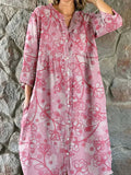 Women's Elegant Floral Pattern Shirt Style Cotton and Linen Dress