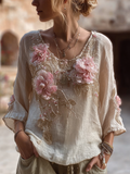 Bohemian Style Round Neck Short Sleeve Three-dimensional Flower Design Women's Thin Top elevenforest