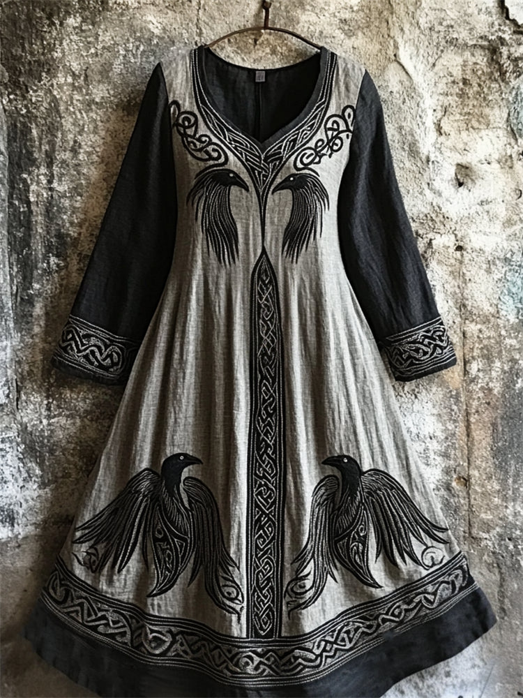 Medieval Ravens Viking Celtic Contrast Linen Maxi Dress elevenforest