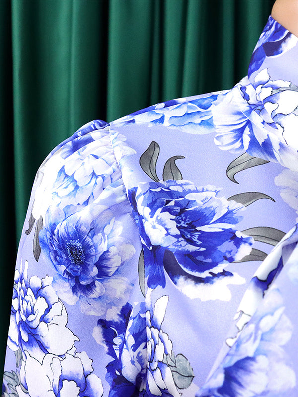 Long Sleeves Printed Blouse + Split-back Color Skirt Two Pieces Set
