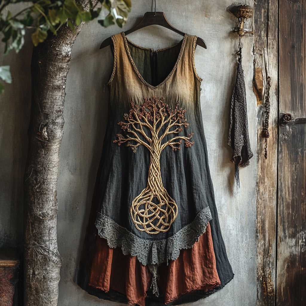 Viking Tree Of Life Lace Gradient Art Linen Tank Dress elevenforest