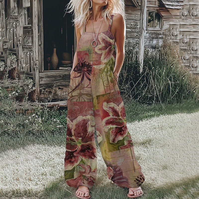 Women's Pink Floral Linen Print Cotton Linen Jumpsuit elevenforest