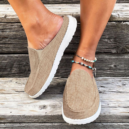 Flat Canvas Mules, Closed Toe Slip on Non Slip Round Toe Loafers, Outdoor Slippers Se1039