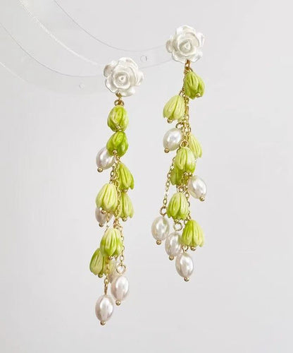 Green Sterling Silver Alloy Pearl Lily of the Valley Tassel Drop Earrings