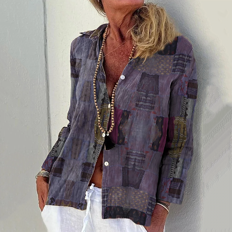 Vintage Floral Patchwork Art Linen Print  Long Sleeve Shirt elevenforest