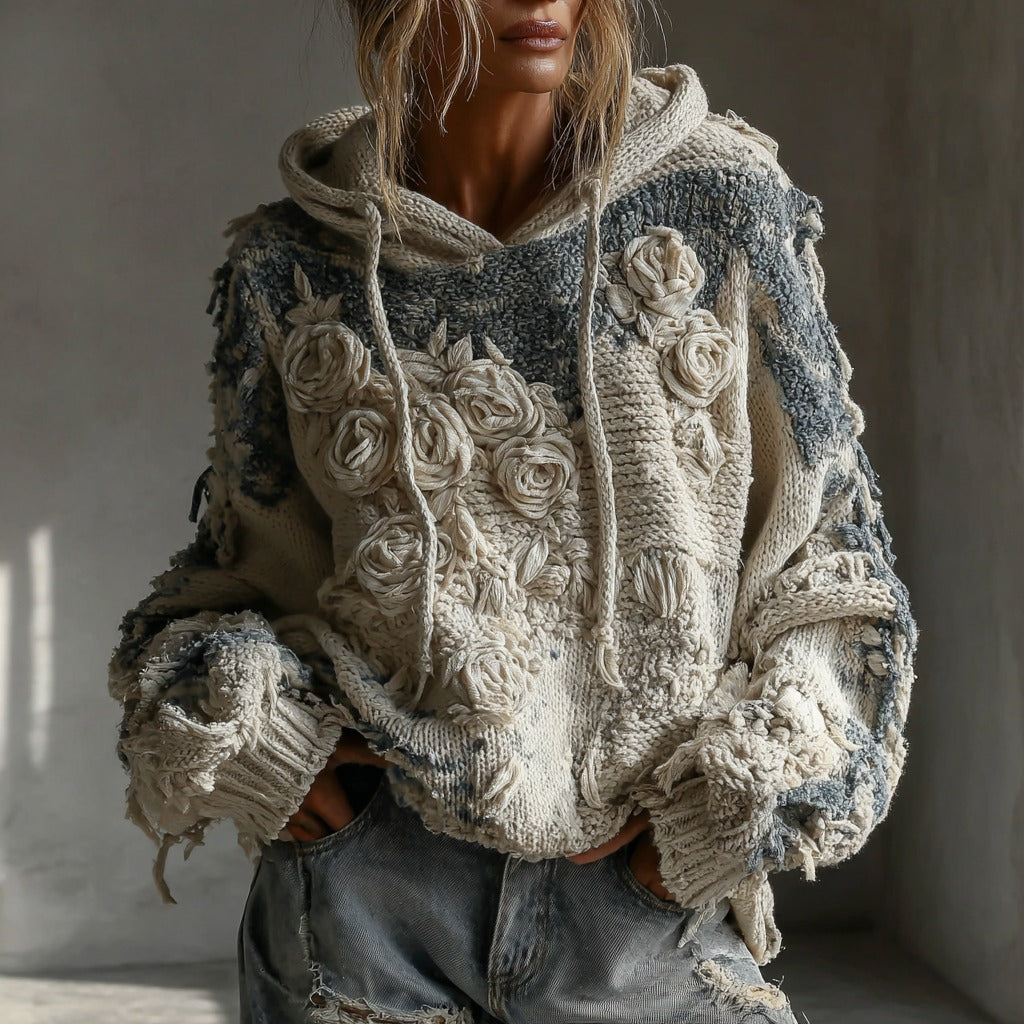 Women's Vintage White Rose Chunky Knit Hoodie Sweater elevenforest