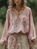 Bohemian Retro Countryside Plant Flower Pattern V-neck Top elevenforest