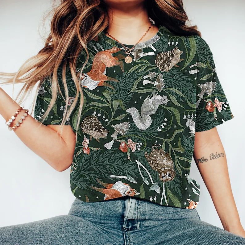 Comstylish Vintage Forest Animals Printed Comfy T Shirt