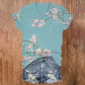 Comstylish Women's Vintage Japanese Cherry Blossom Print V-neck T-shirt