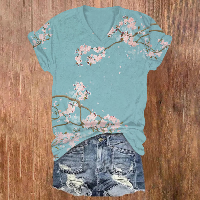 Comstylish Women's Vintage Japanese Cherry Blossom Print V-neck T-shirt