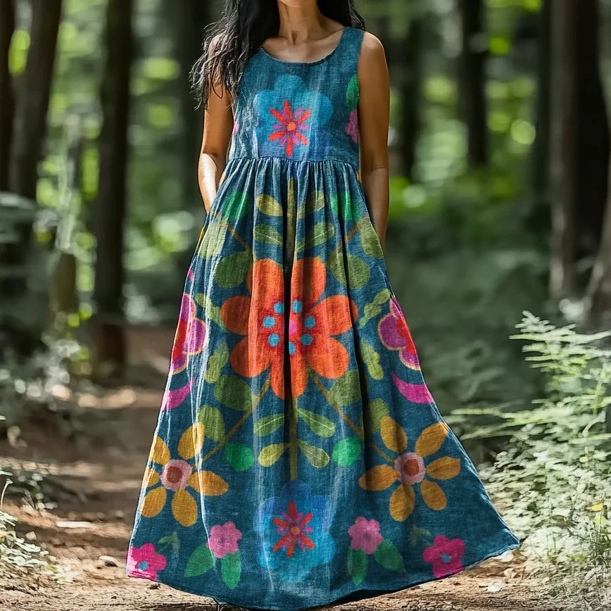 Vintage Bohemian Floral Art Linen Tank Midi Dress elevenforest