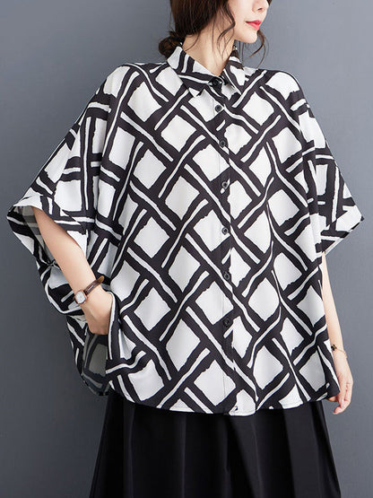 Batwing Sleeves High-low Buttoned Plaid Printed Lapel Blouses&shirts Tops