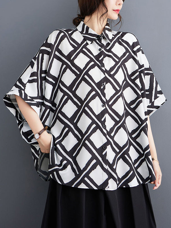 Batwing Sleeves High-low Buttoned Plaid Printed Lapel Blouses&shirts Tops