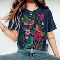 Comstylish Flower And Bird Embroidery Round Neck Short Sleeve T-shirt