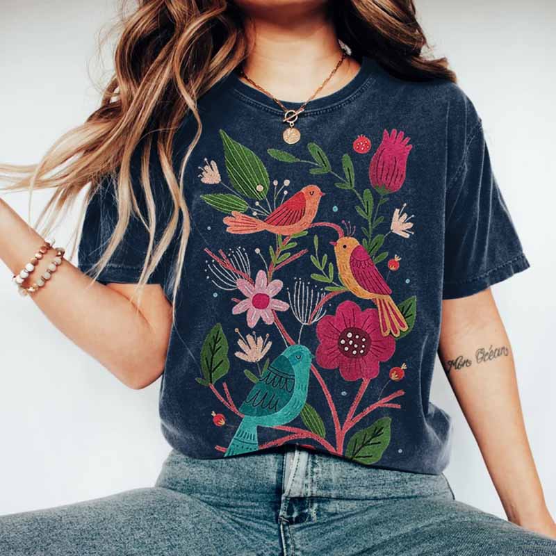 Comstylish Flower And Bird Embroidery Round Neck Short Sleeve T-shirt