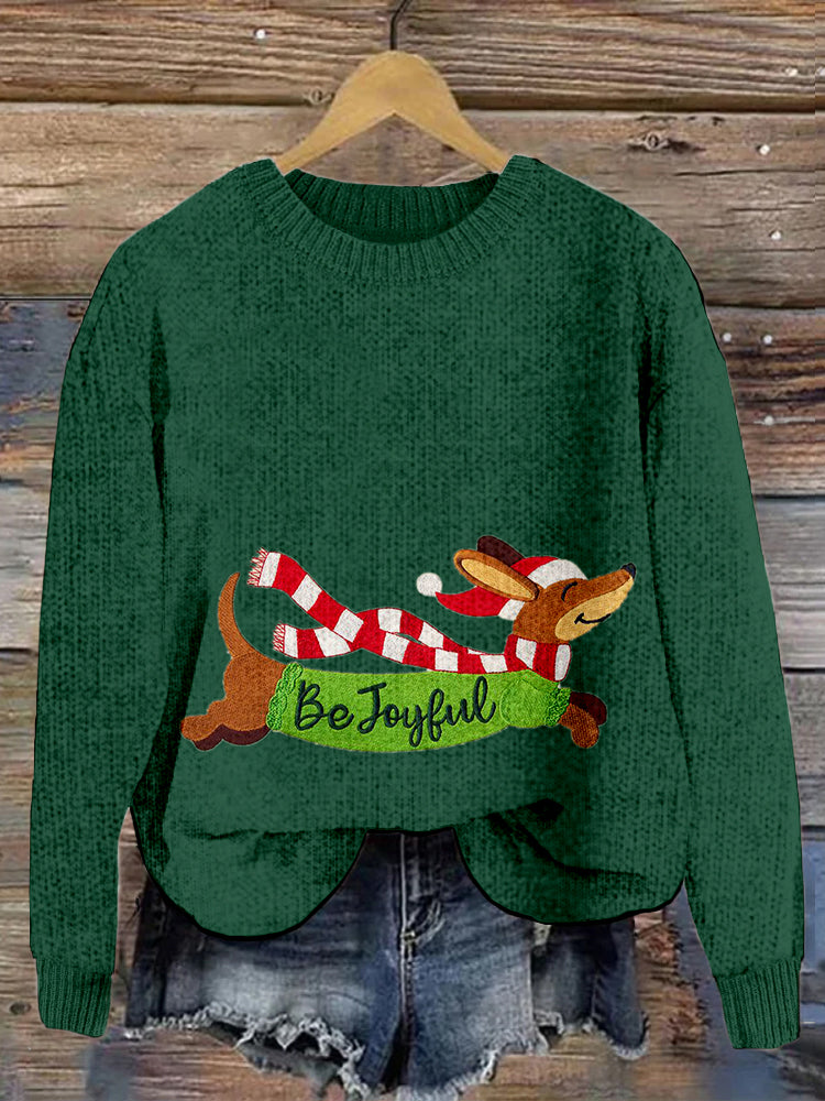 Comstylish Be Joyful Dachshund Embroidered Christmas Cozy Sweater