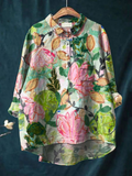 Women's Flower Print Casual Cotton And Linen Shirt