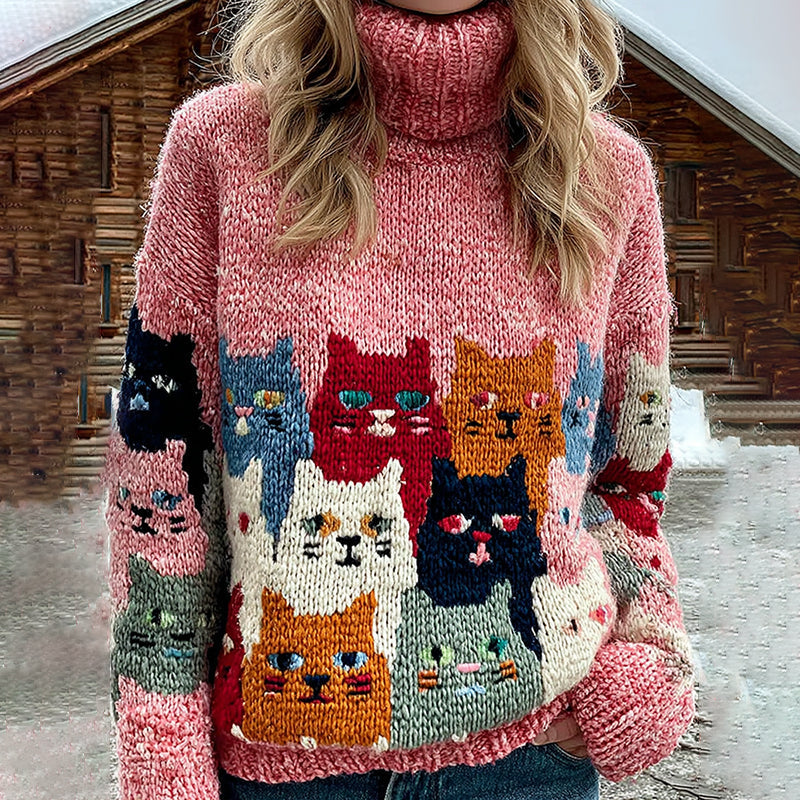 Comstylish Colorful Cats Pattern Art Cozy Knit Turtleneck Sweater