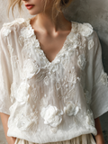 Bohemian Style Woman's V-neck White Rose Short-sleeved Shirt elevenforest