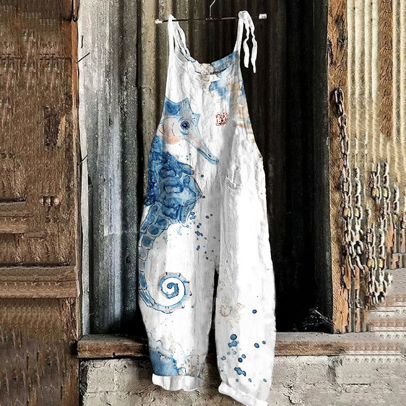 Vintage Seahorse Ink Art Loose Casual Jumpsuit elevenforest