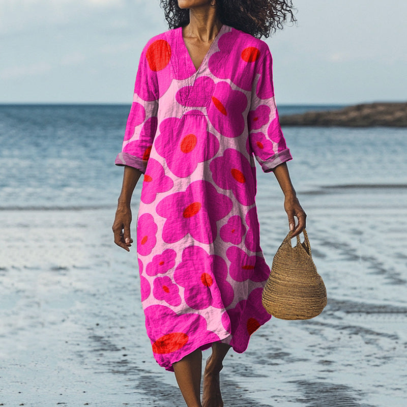 Comstylish Vibrant Pink Floral Pattern Printed Women's Dress