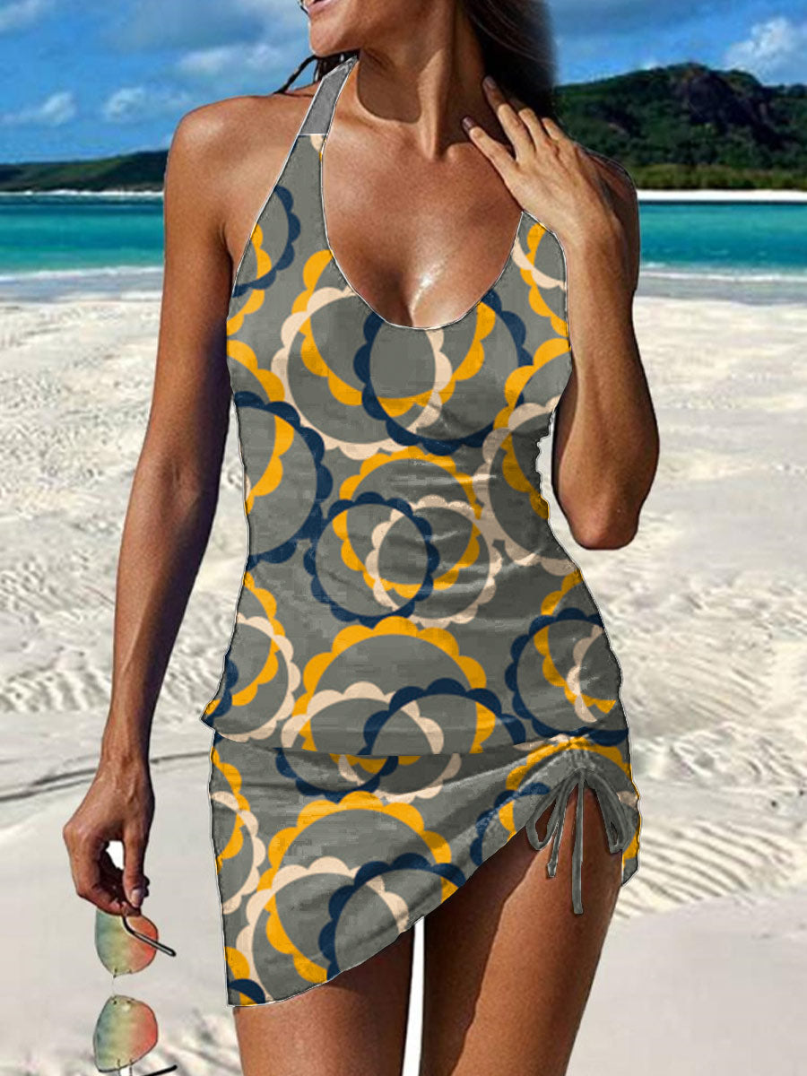 Women's Vintage Geometric Circle Print Pleated Drawstring V-neck Tankini Pantskirt Set Swimsuit