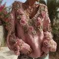 Women's Vintage Pink Rose Chunky Knit V-neck Sweater elevenforest